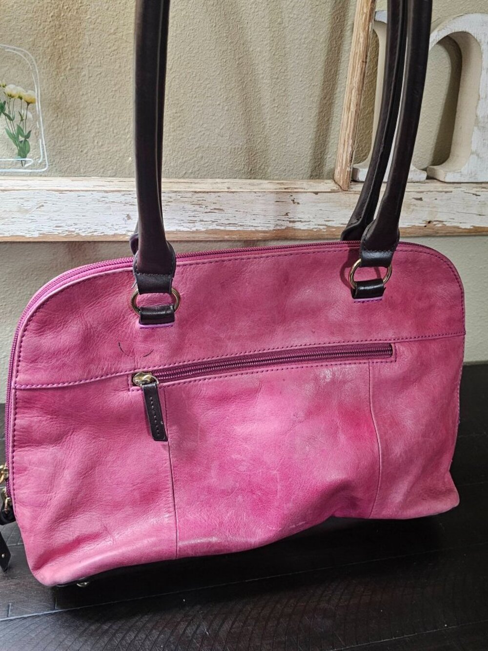 Tignanello Est 1989 Pink Leather Purse Handbag Tote Brown Strap RARE FIND!